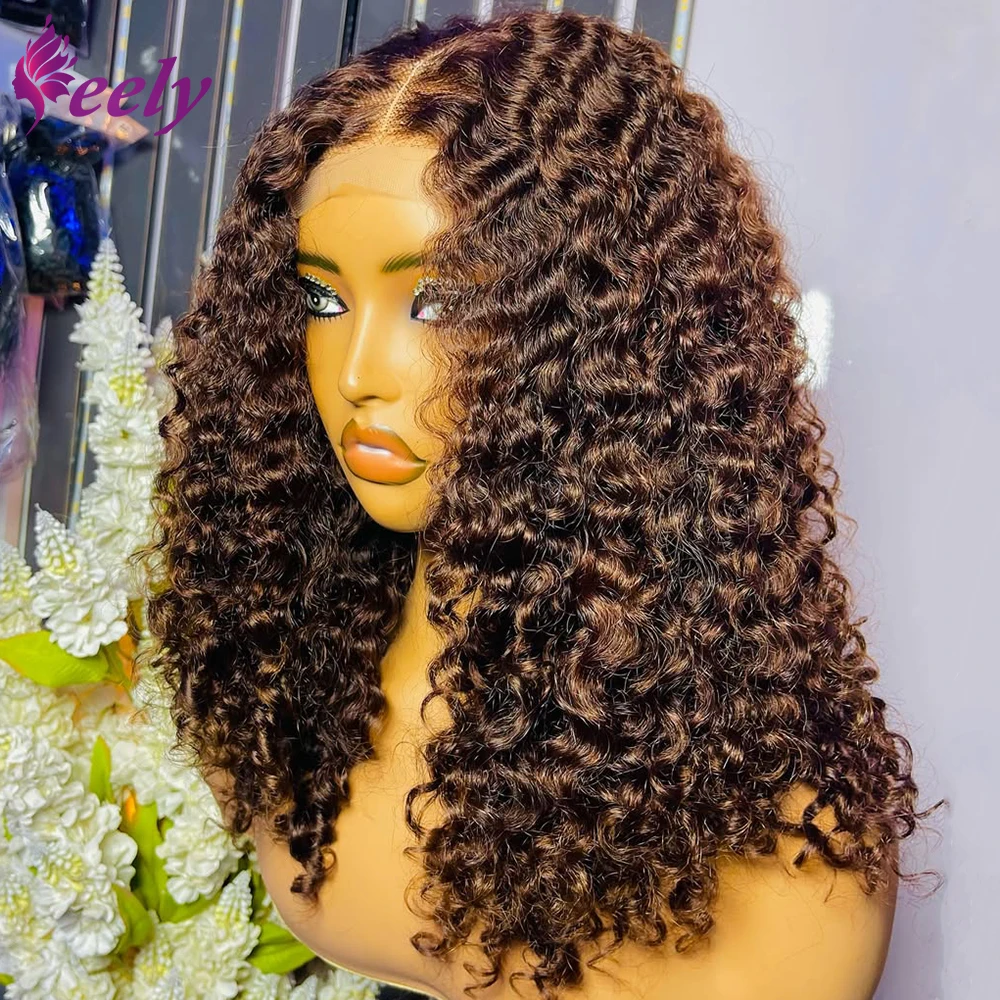 

# Короткий парик-боб из натуральных волос с глубокими кудрями, 13x4, с кружевной передней частью, глубокая волна, шоколадно-коричневый, с эффектом натуральных волос, плотность 250%