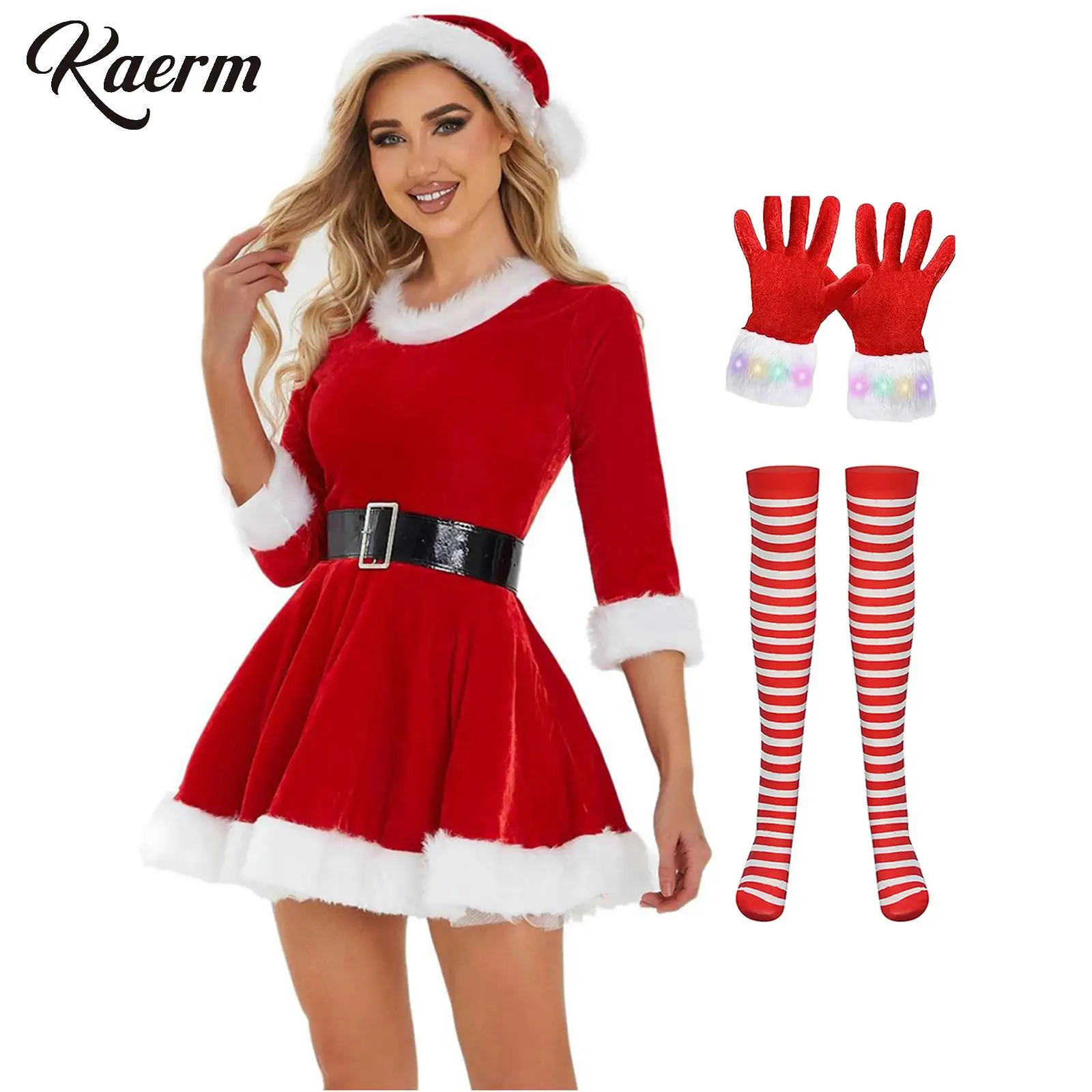 5PCS Women Christmas Costume Round Neck White Plush Trims A-Line Pleated Dress with Hat Belt Striped Stockings And Gloves