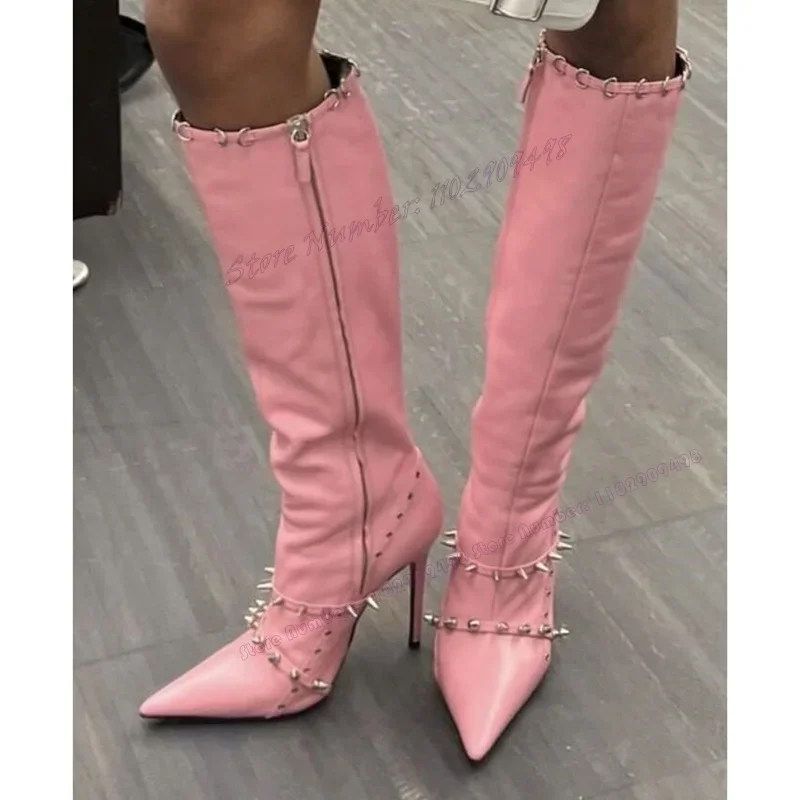 

Pink Rivet Decor Knee High Boots Pointed Toe Shoes for Women Matte Leather Thin High Heels Sexy Shoes 2023 Zapatos Para Mujere