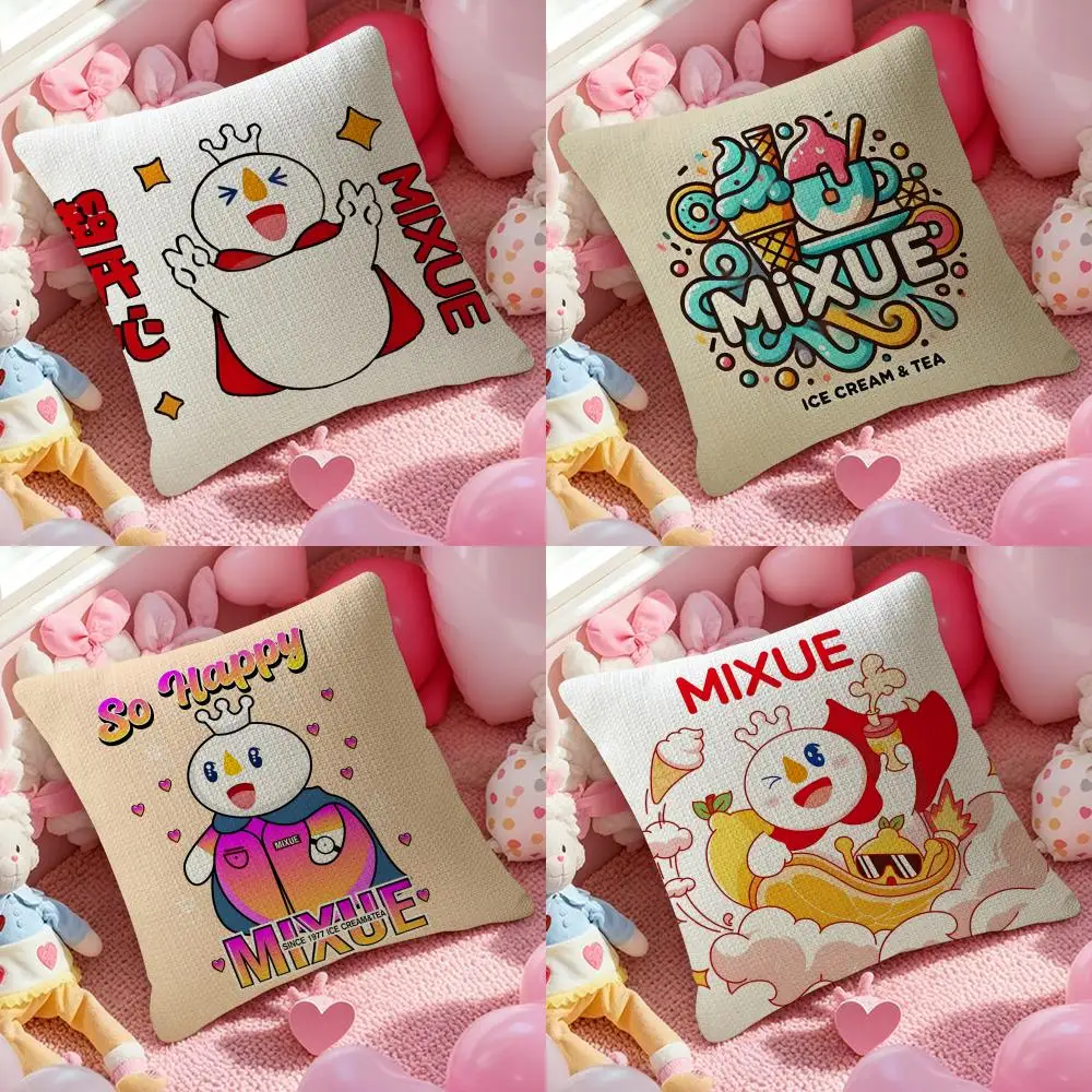 Cream M-Mixue Ice Cream & Tea Pillow Case Pattern Printed Pillowcase for Living Room Sofa Cushion Cover & Bedroom Decor