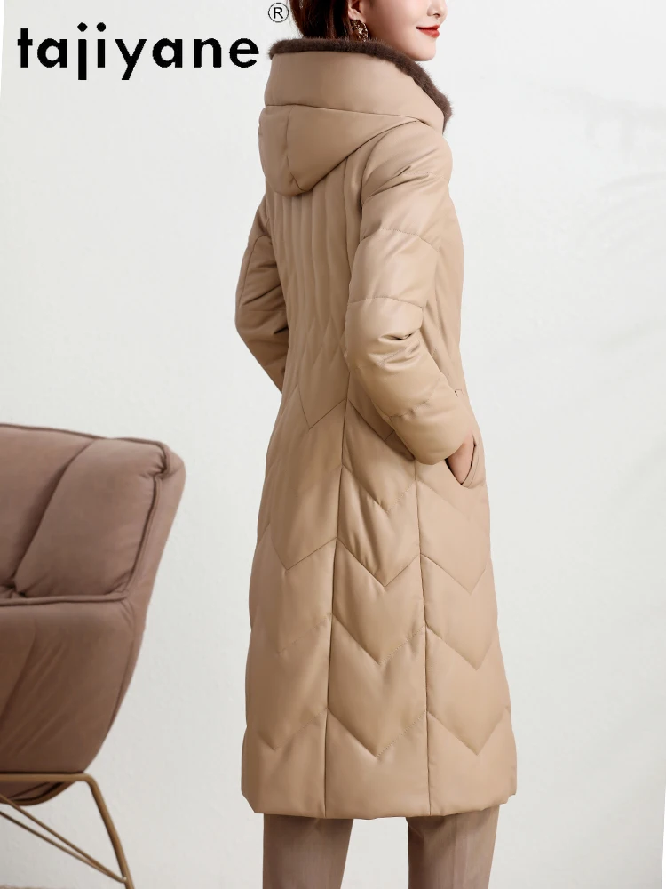 TAJIYANE-abrigo de piel de oveja auténtica para mujer, chaqueta ajustada de cuero genuino con capucha, abrigos con cuello de piel de visón, ropa de invierno para mujer 2025