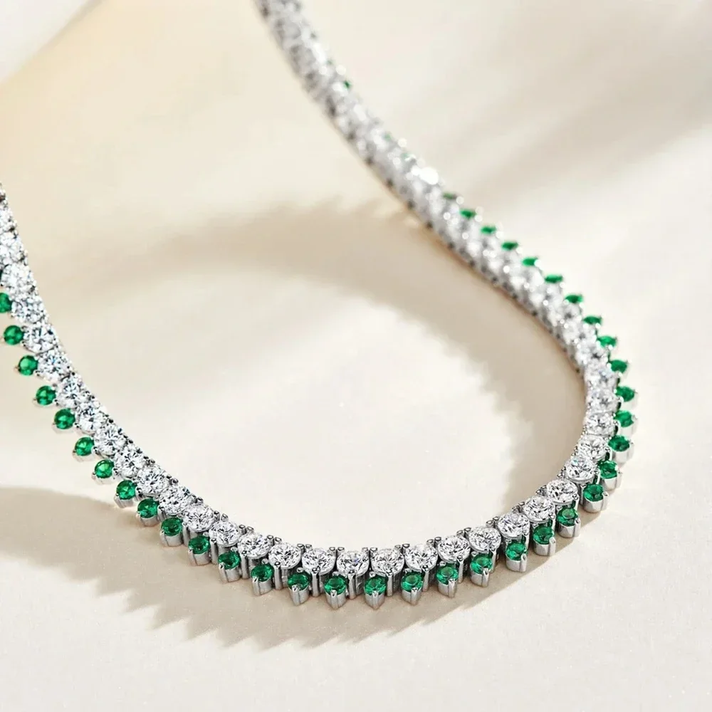 Karachis 925 Sterling Silver Round Cut Emerald Carbon Diamonds Gemstone Tennis Chain Necklace For Women Fine Jewelry Gifts