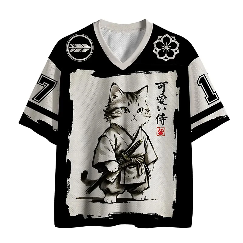 Image of 2026 Sommer Mode Japanischer Samurai-Katzen-Print Schnelltrocknend Locker Sitzendes Kurzarm-Trainings-Streetwear V-Ausschnitt T-Shirt Groß