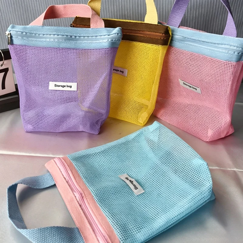 Vibrant Bright Color Mesh Tote Bag Small Cosmetic Bag Handbag Foldable Portable Toiletry Bag Women's Beach Bag