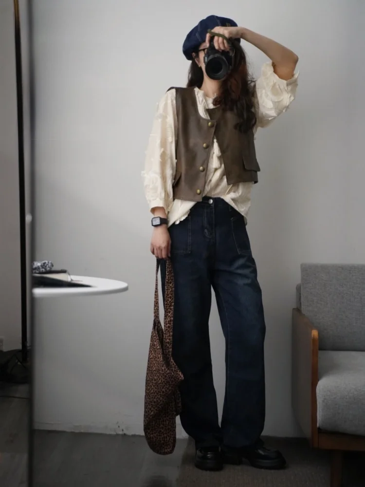 

ZuleStudio2025 Early Spring Patchwork Worn PU Leather Vest irt Jaet Layering Antique Feeling ort Length Single Button