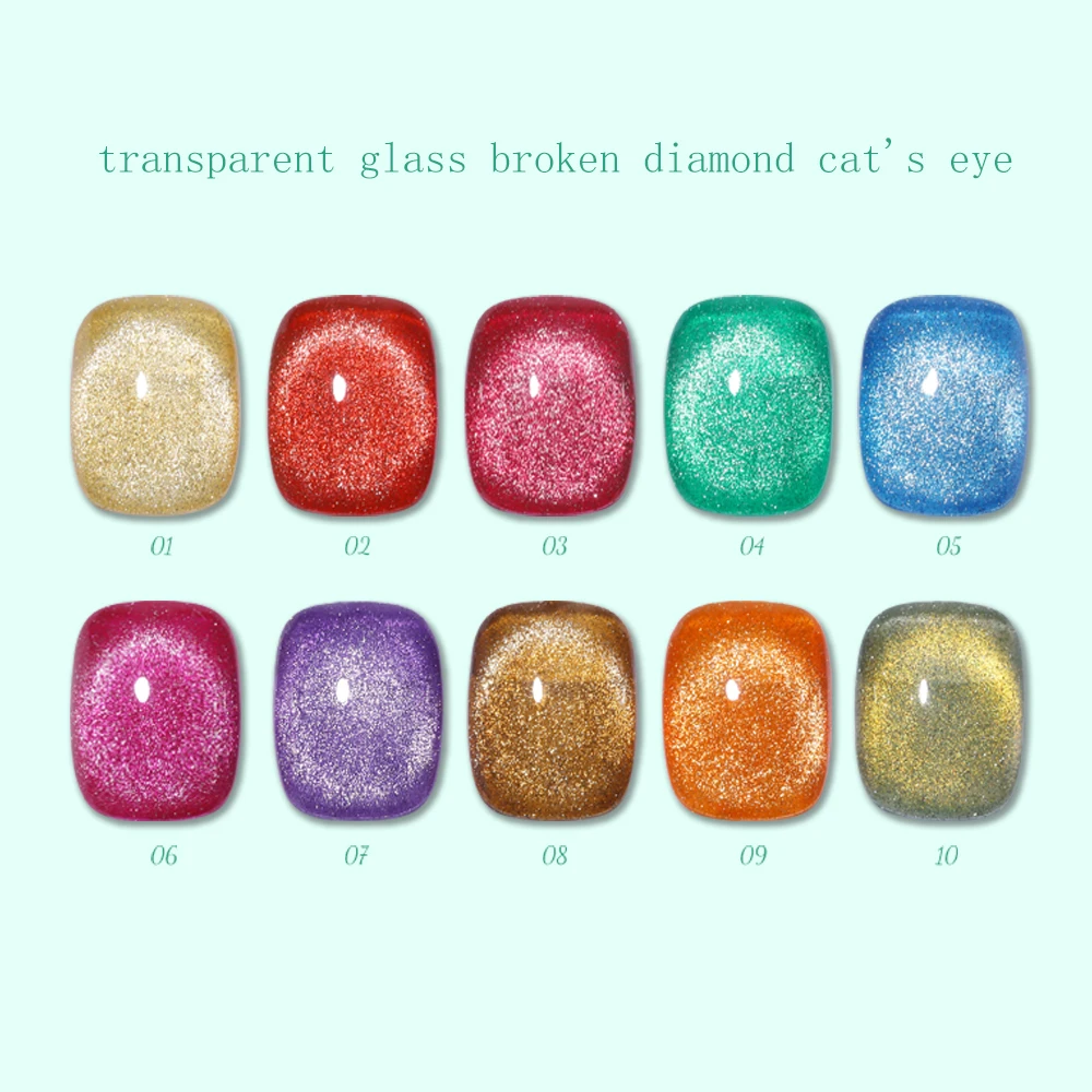 Vendeeni 10 Colors/Set Glass Transparent Broken Diamond Cat Eye Gel Nail Varnish Soak Off UV LED Glitter Manicure Nail Polish