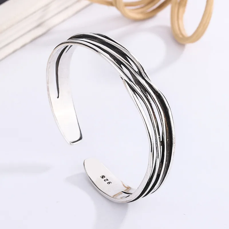 New Retro Wave Braided Bracelets 925 Sterling Silver Jewelry Personality Geometric Exquisite Opening Bangles SL037