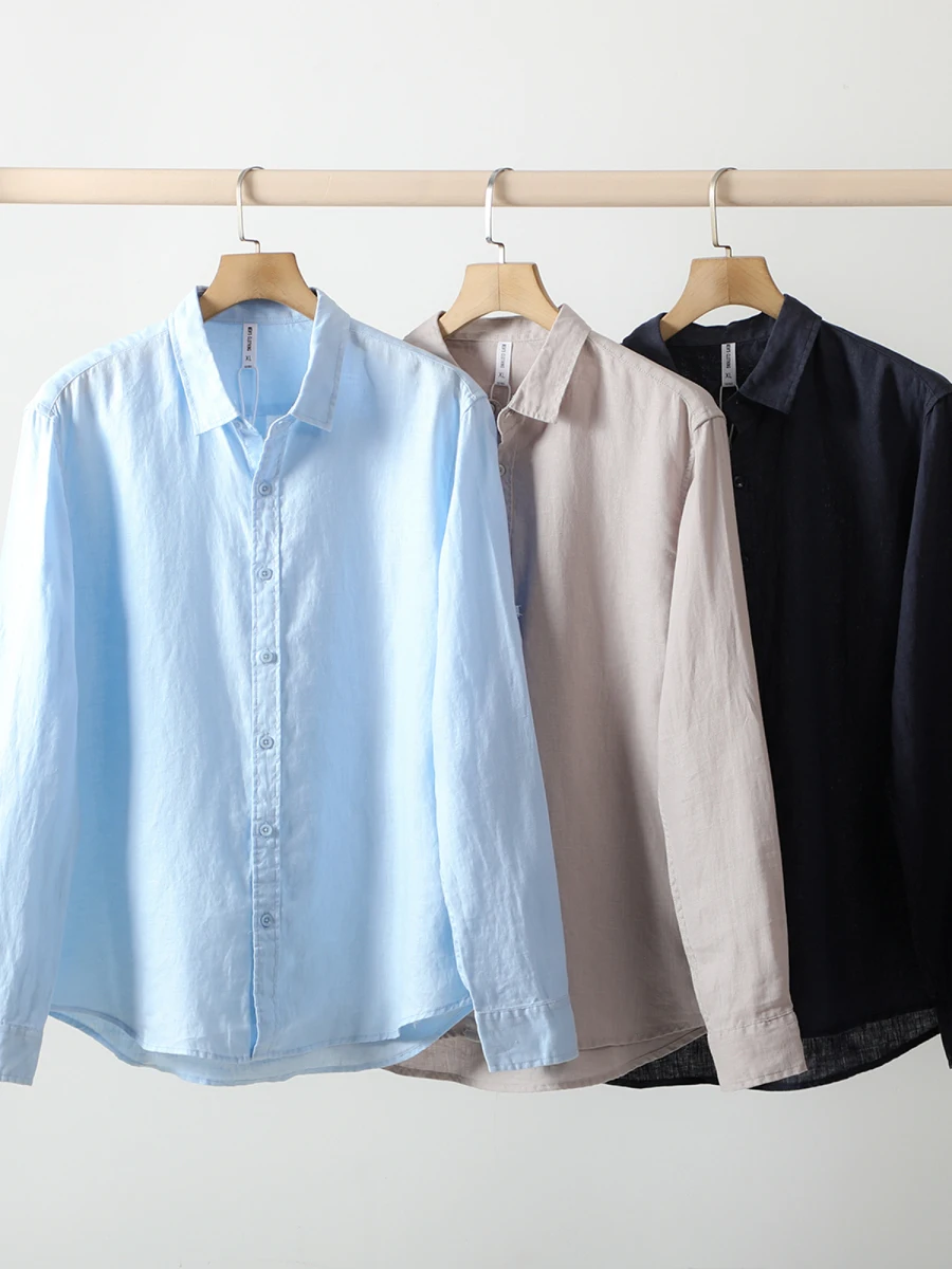 

Linen Men's Long Sve Casual irt Breathable Spring Summer New Sle Simple Busin Stand Fit Pure Color