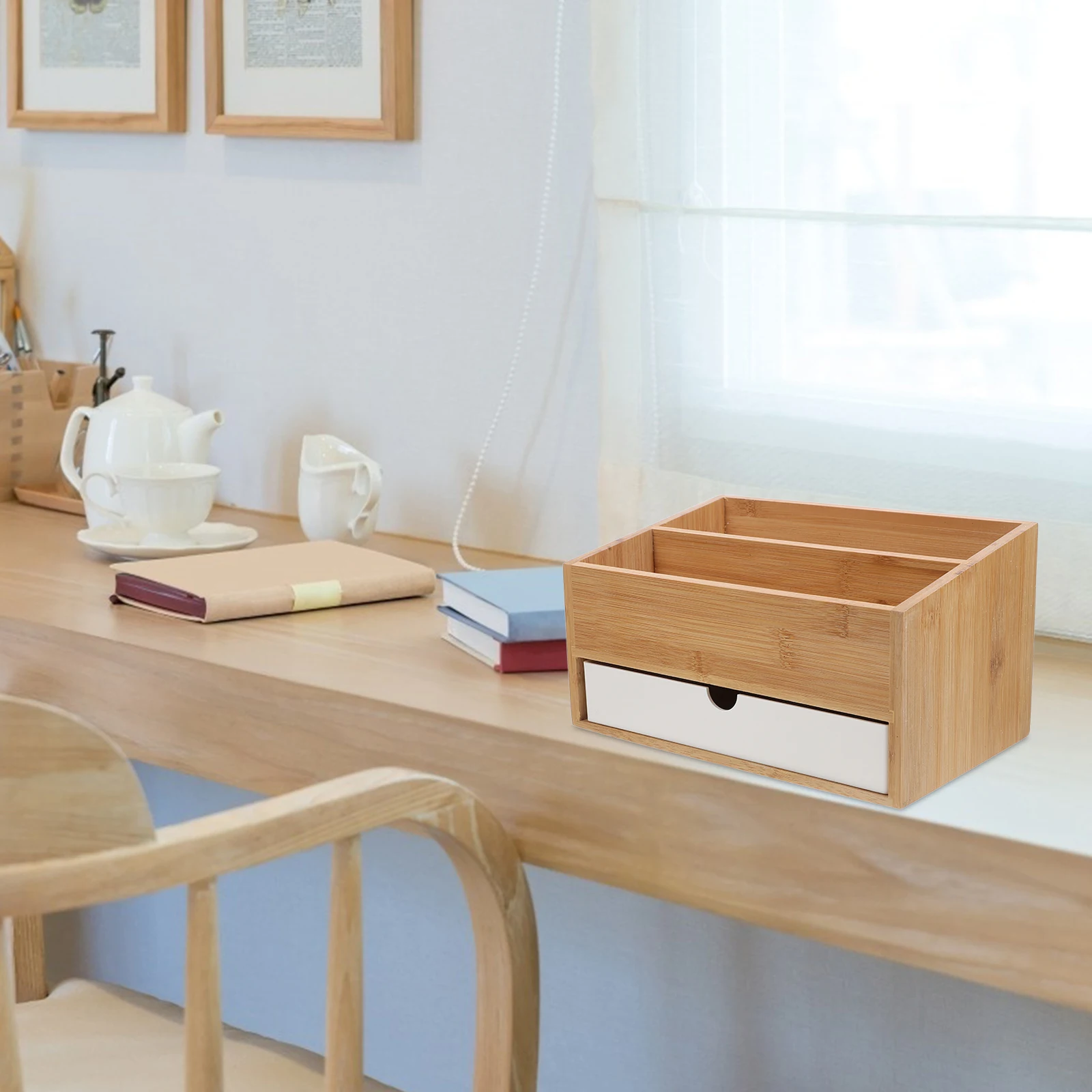 

Desktop Organizer Office Bamboo Writing Stick Bathroom Accessories Adjustable Drawer Jewelry