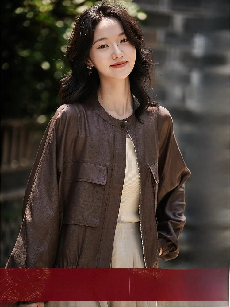 

Vintage Rustic Flowing Dune Sensation Loose Fit Airy Workwear Jaet Polyester Fiber round Ne Zipper Closure Long Sve La...