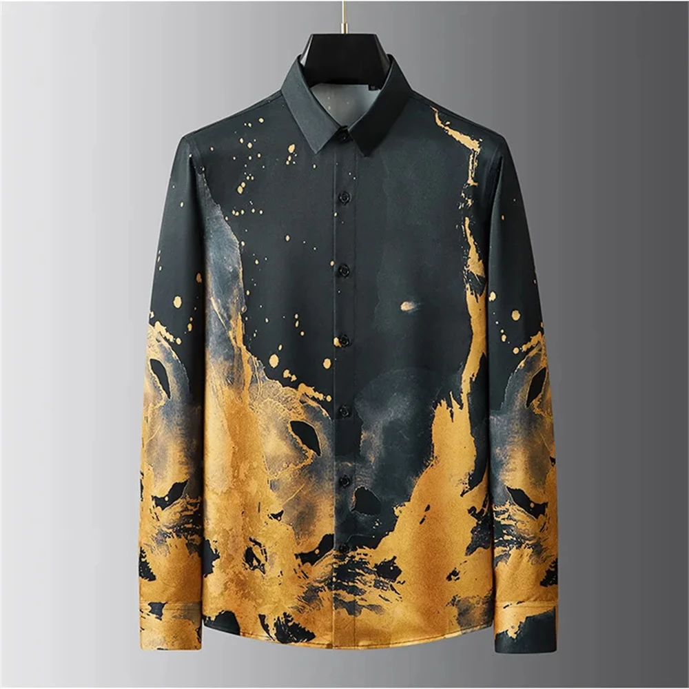 قميص مطبوع فاخر للرجال بأكمام طويلة قميص كاجوال نحيف عالي الجودة موضة الشارع مقاس كبير جدًا ملابس رجالية بدون حديد