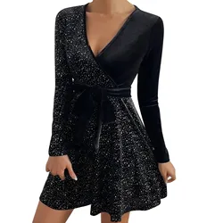 Women's Sexy V-Neck Wrap Hip Irregular Mini Dress Temperament Commuting Lace Up Design Woman Long Sleeve Sequin Elegant Dresses