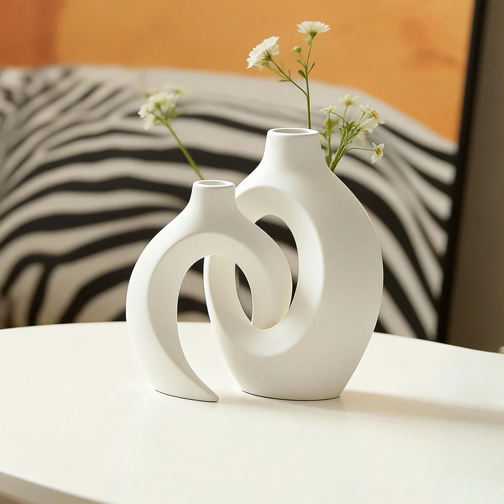 Modern Minimalist Hollow Ceramic Vase Set of 2, Nordic Style Decor for Living Room，Abstract Shapes for Bedroom & Office Decor