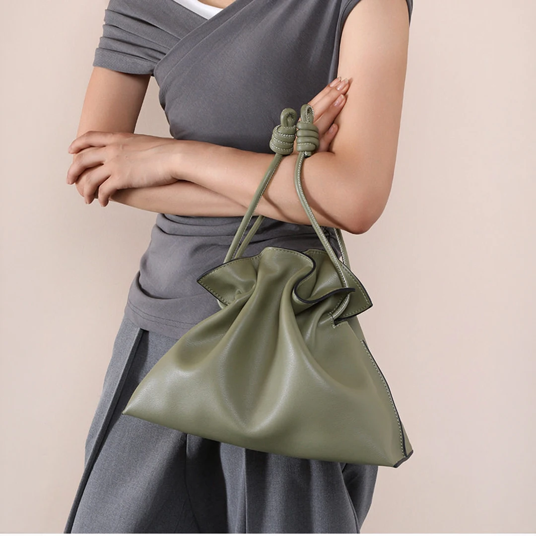 Mendy Bucket Bag for Women Drawstring Closure Smooth Faux Leather Top Handle Crossbody Shoulder Bag Adjustable Tie Knot Design L