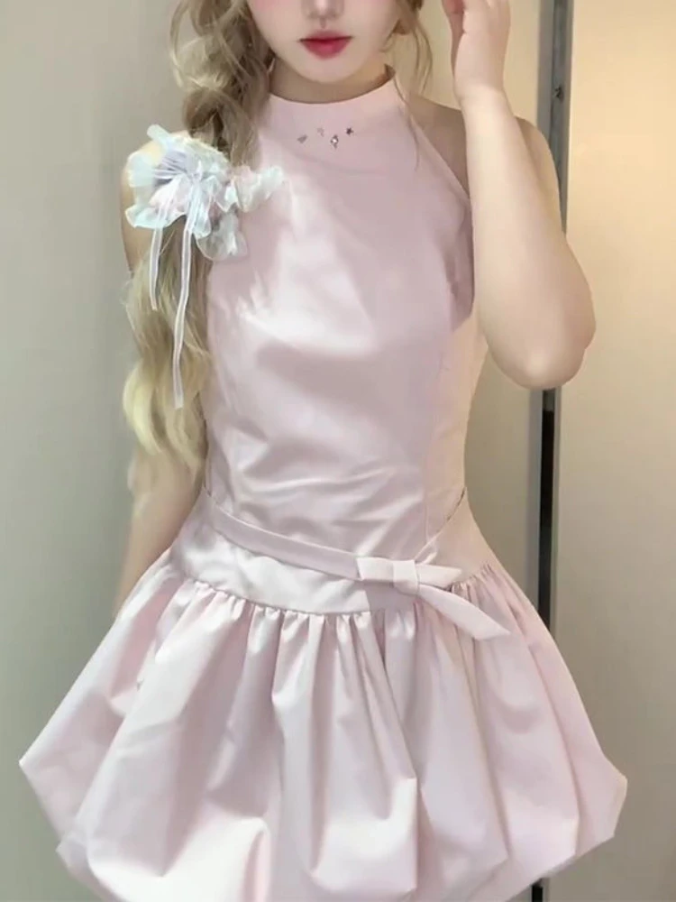 فساتين هاراجوكو للسيدات ذات رسن متين Y2k فستان حلو بحزام جمالي 2025 ملابس صيفية ضيقة مع رسن مطوي Vestitos