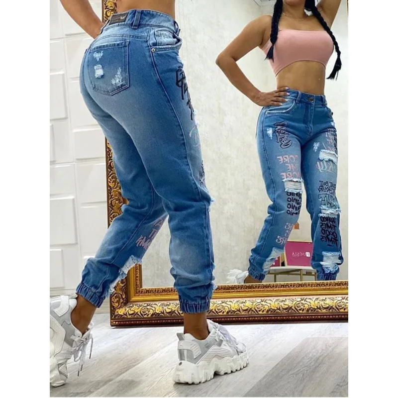 Imagem -02 - Calças Lápis de Cintura Alta Rasgadas para Mulheres Streetwear Vintage Jeans Azul Casual Jeans Baggy Slim Fit Moda Streetwear Nova Y2k