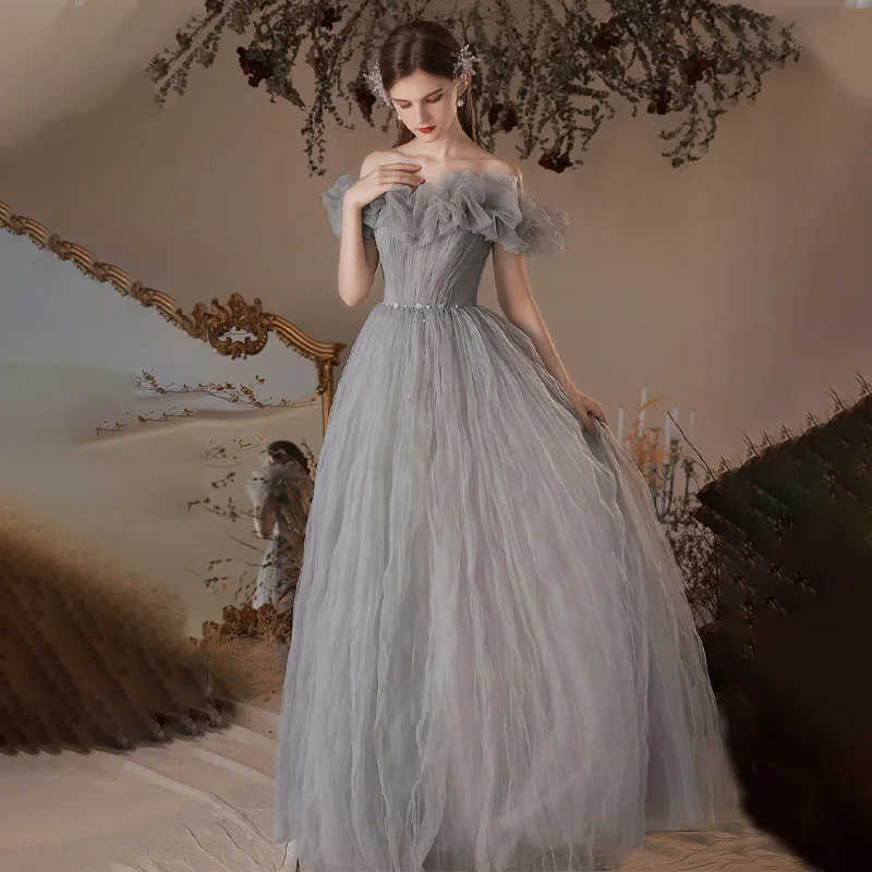 

It's Yiiya Evening Dress Gray Pleat Tulle Off the Shoulder Short Sleeves A-line Floor-length Plus size Women Party Formal Gowns