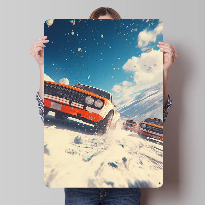 Rally S in Snow Car Tinplate Poster Custom Wall Art Vintage Metal Signs Retro Tin Plaque for Home and Decoration Room Coffee Bar