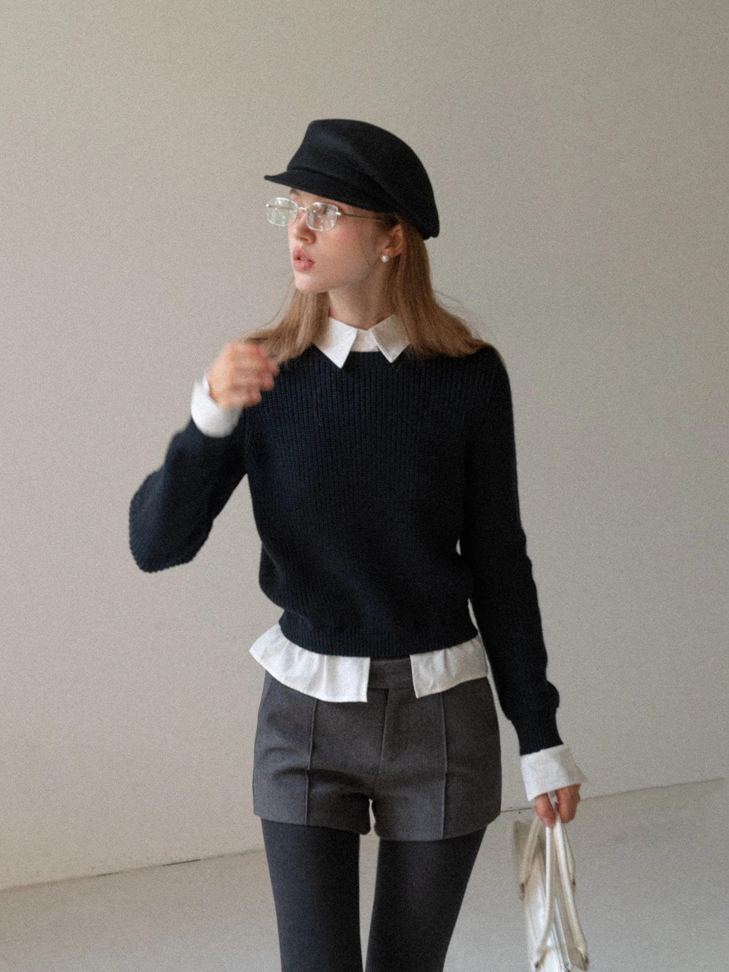 

Black Wool Blend Knitwear Slim Fit Turn-down Collar Commute Style Women's Fashionable Top Polyester Fiber Long Sleeve