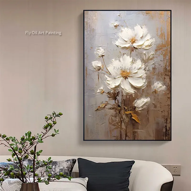 Original Hand-Painted Canvas Oil Painting, Rustic White Blooms Painting, Gold Accent Textured Floral Still Life Artwork