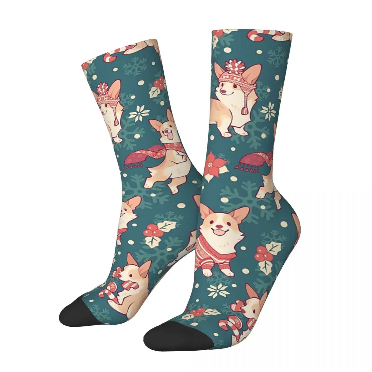 

Winter Corgis In Homely Teal Socks Harajuku Super Soft Stockings All Season Long Socks Accessories for Man's Woman's Gifts