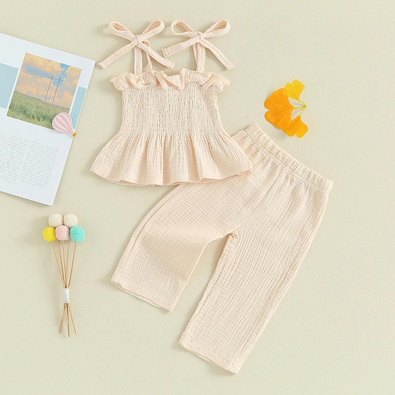 0-36months Baby Girls Summer Clothes Set Solid Beige Pink Purple Sleeveless Camisole Long Pants Set Baby Girls Summer Outfits