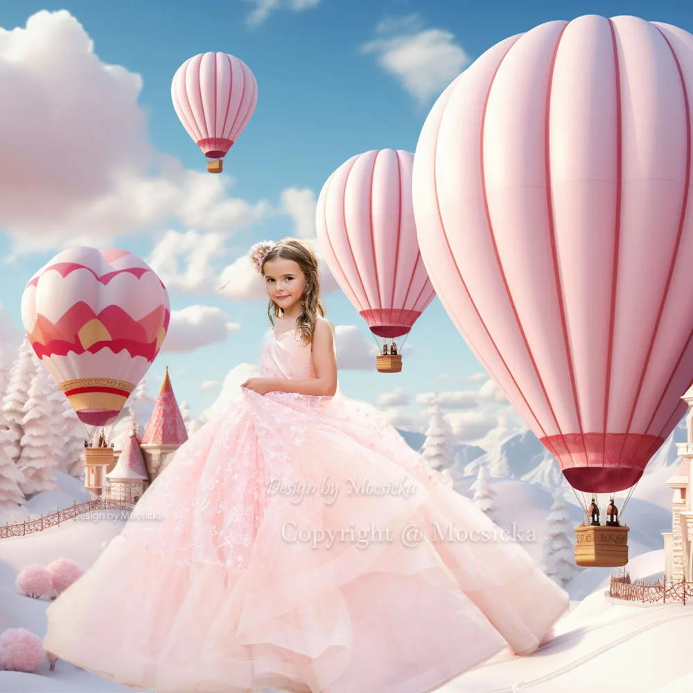 Fondo de bosque de árbol de Navidad de invierno, globo de aire caliente rosa, Castillo, fondo de país de las Maravillas nevado, estudio fotográfico de cumpleaños de princesa para niña