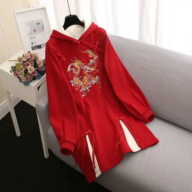 New Women's Chinese Style Embroidery Hoodies Dress Thicken Sweatshirt Autumn And Winter Long Sleeve Plus Size Vestidos New Year