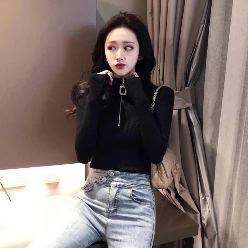 Simplicity Commute Zipper Half High Collar Knitted Tops Autumn Winter Trend Women Long Sleeve All-match Solid Color Slim Sweater