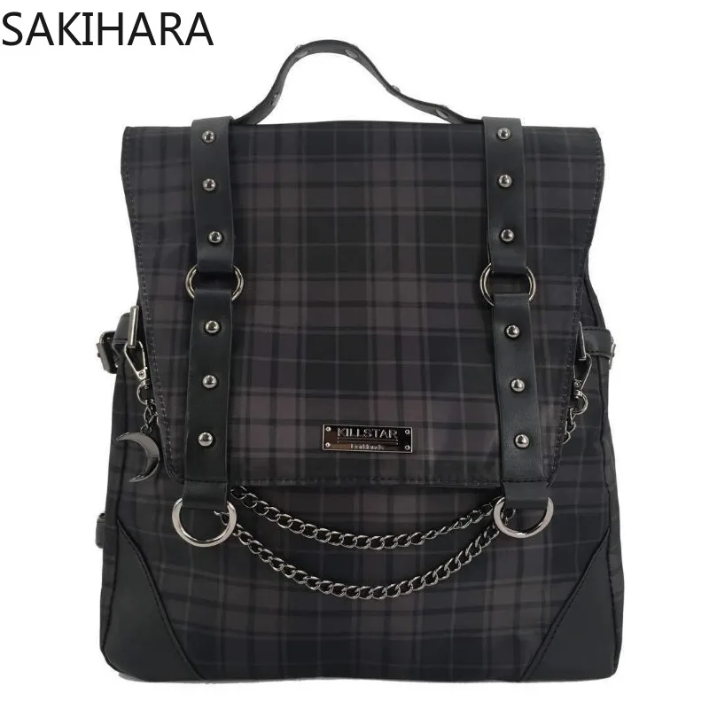 School Backpack for College Students New Arrive Gothic Dark Rock Plaid Chains Designer Large Capacity Preppy Bags for Women