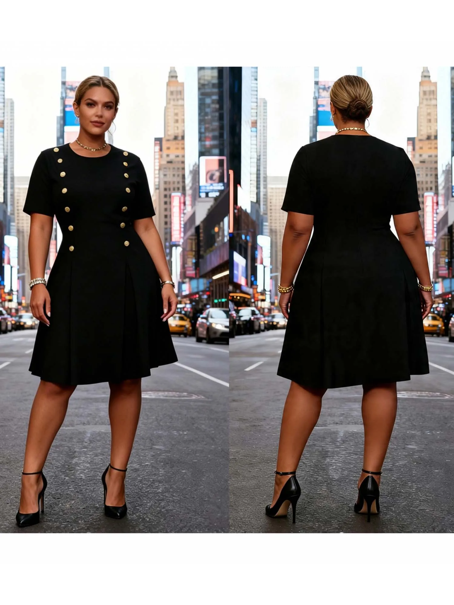 

Women s Plus Size Summer Dress Knee Length Casual A-Line Stylish Decorative Buttons Crew Neck Short Sleeve Dress with