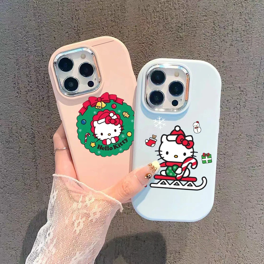 for iPhone 7 8 Plus X XR XS 11 12 Pro Max Luxury Electroplated lens frame Soft Phone Case SS177 Hello Kitty Christmas Merry art