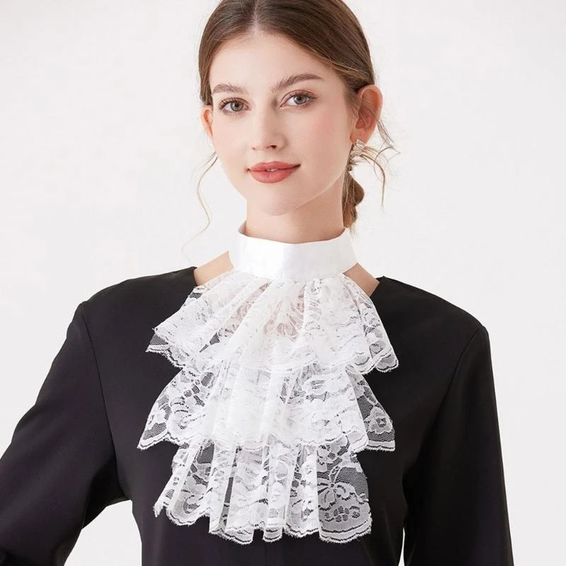 49MD Women's Victorians Colonial Jabot Ruffled Detachable False Collar and Faux Wrist Cuffs Set Cosplay Costume Accessories