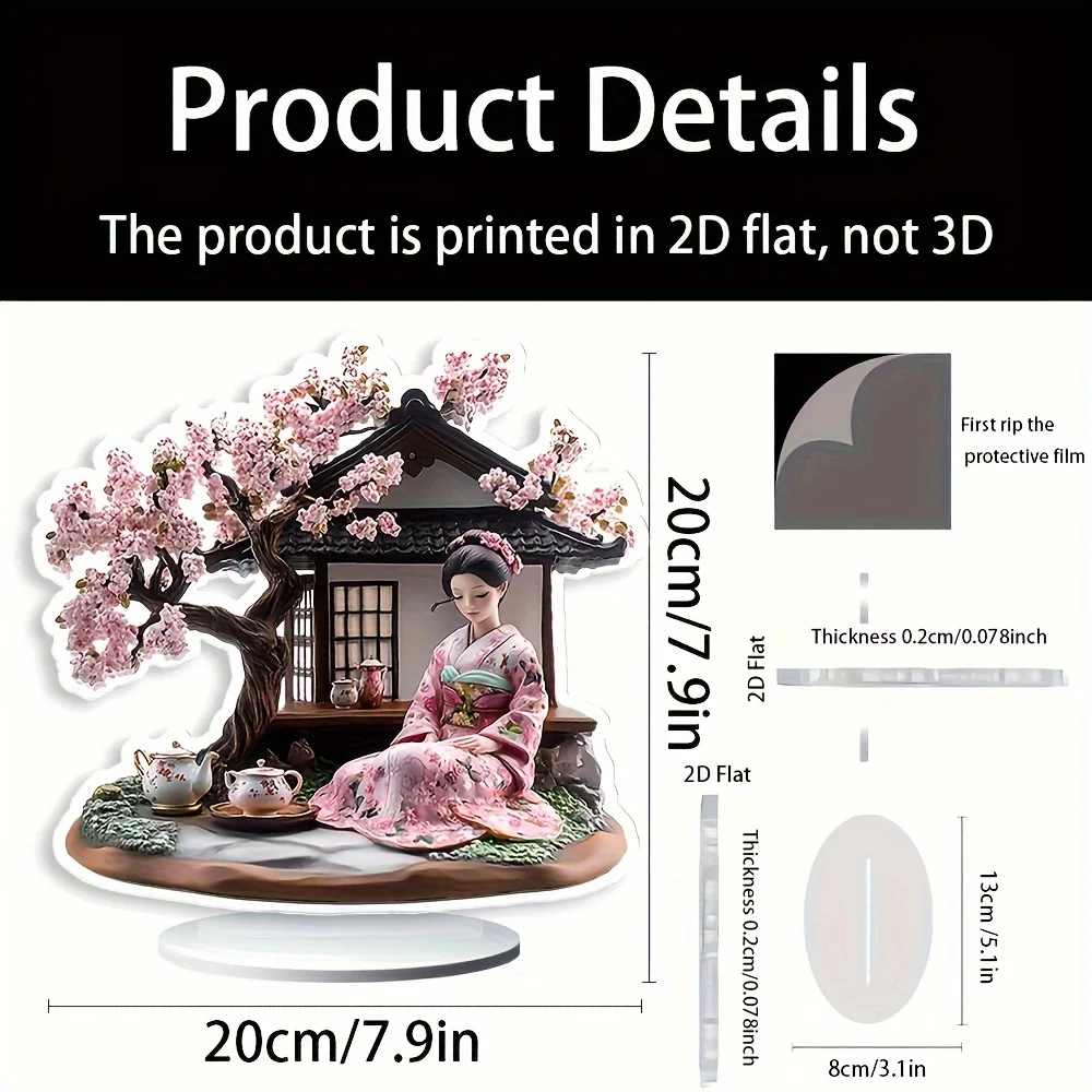 2D Elegant Japanese Geisha Cherry Blossom Tree Acrylic Decor Modern Style Tabletop Display Indoor Holiday Festive Traditional