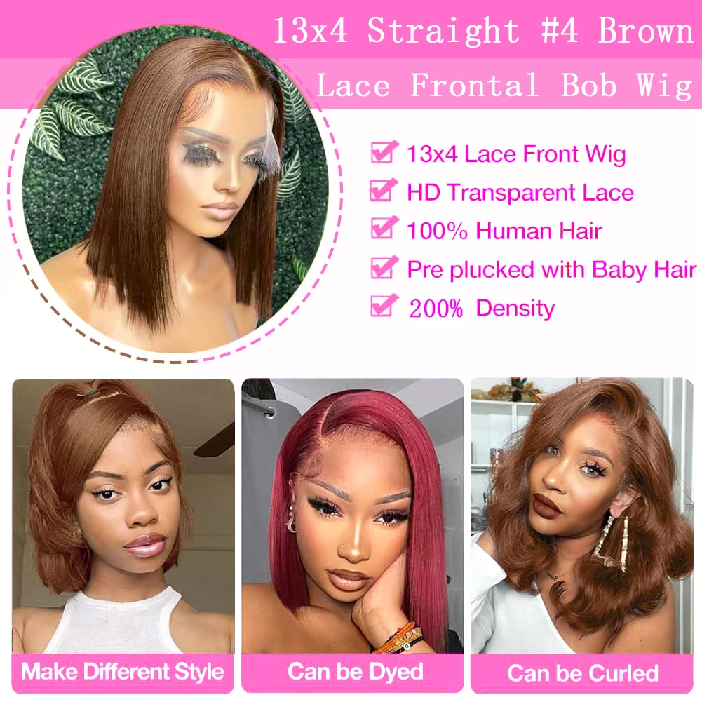 Mossily 200 densità 13x4 Bob capelli umani grezzi parrucca anteriore in pizzo 100% dritto 2 colori marrone cioccolato parrucche frontali in pizzo per capelli umani
