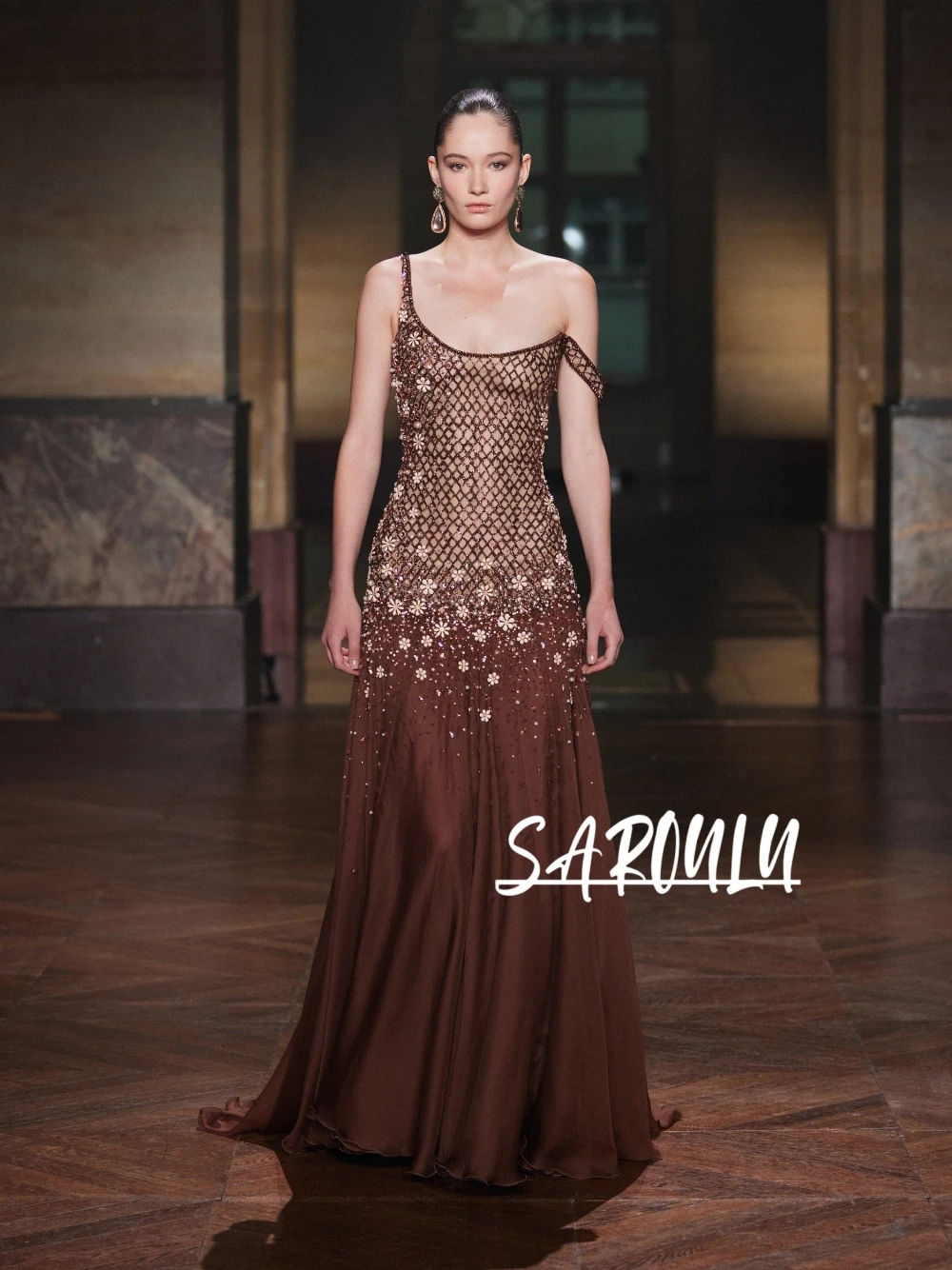 

Brown Asymmetrical Neckline Evening Dress Elegant Floral Beaded A Line Customized Prom Gown Fashionable Gorgeous Party Wear