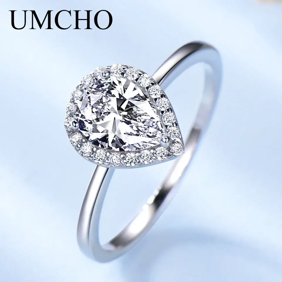 

UMCHO Real Silver 925 Jewelry Luxury Bridal Water Drop Cubic Zircon Rings For Women Solitaire Engagement Wedding Party Brand