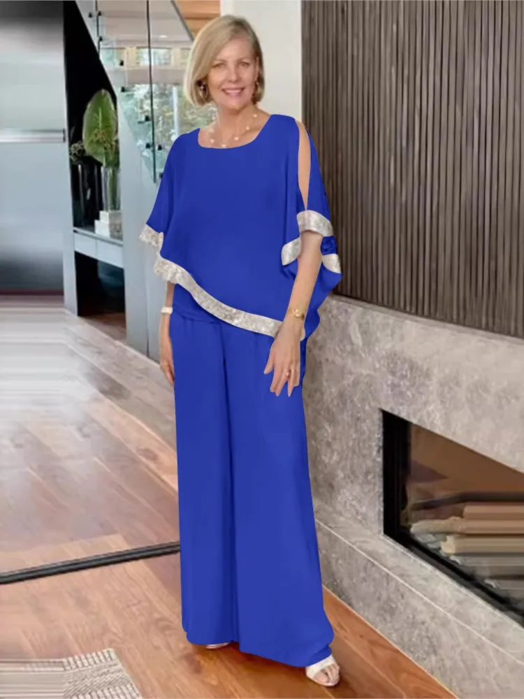 

Fashion Solid Set Lady Casual O Neck Loose Pullover Tops+Wide Leg Pants Two Piece Sets For Women Summer Office Womens Clothing