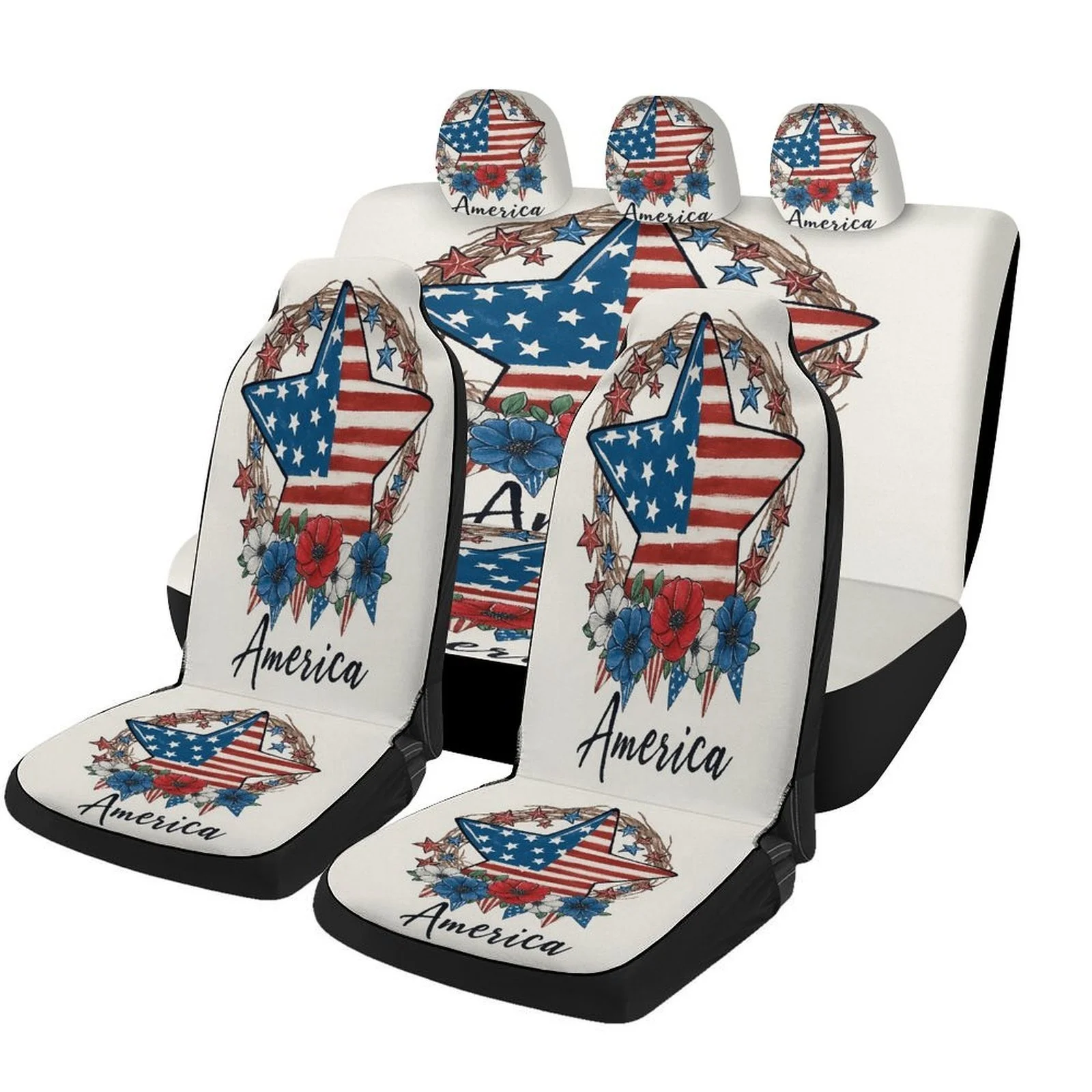 Set Of Car Seat Covers Featuring An American Star Wreath Design, Suitable For A Variety Of Vehicles. This Trendy And Unique Deco