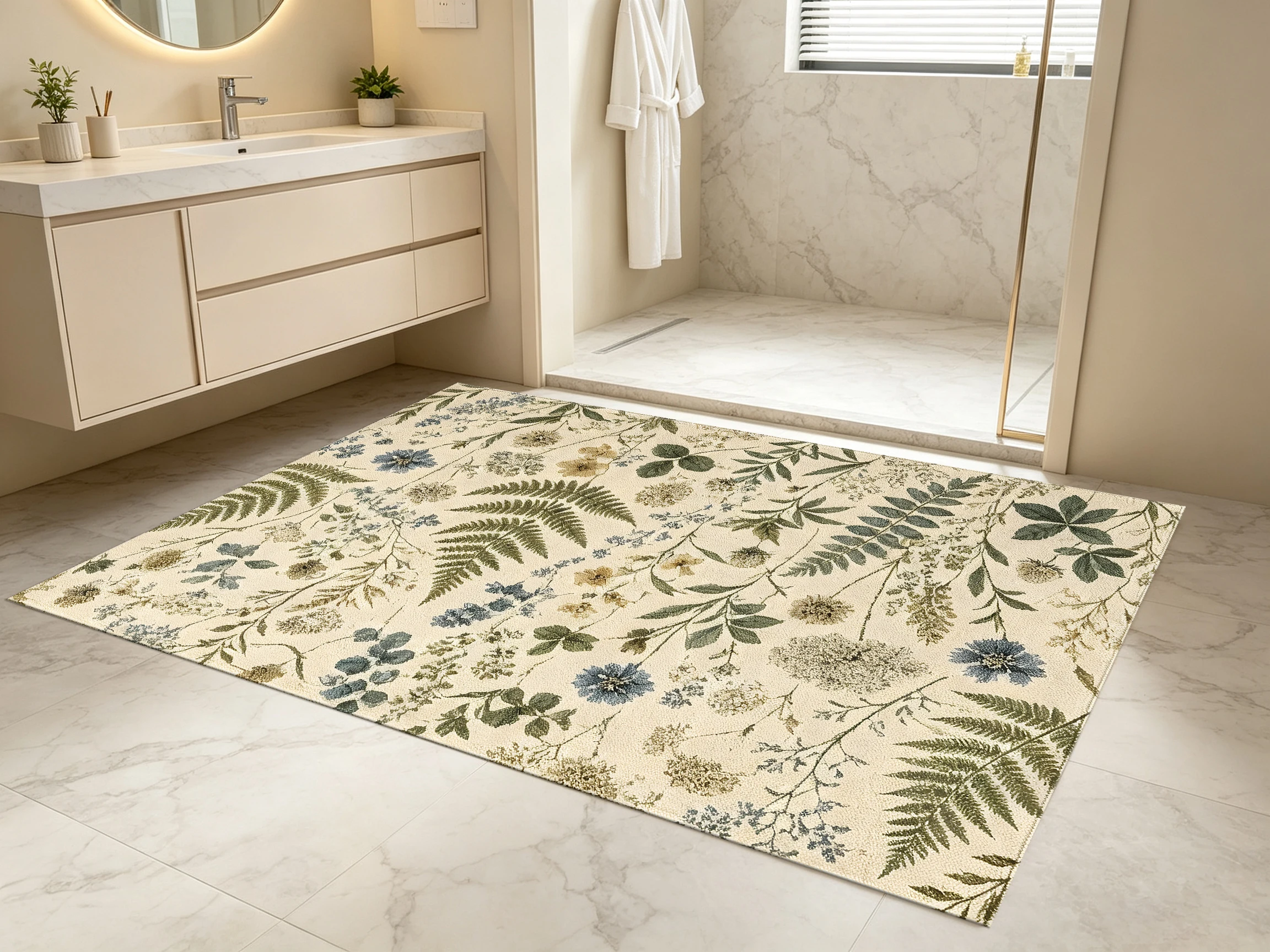 2D Beige Retro Forest-Style Fern Leaf Floral Rug, Soft & Skin-Friendly, for Living Room & Bedroom, with a High-End Feel A