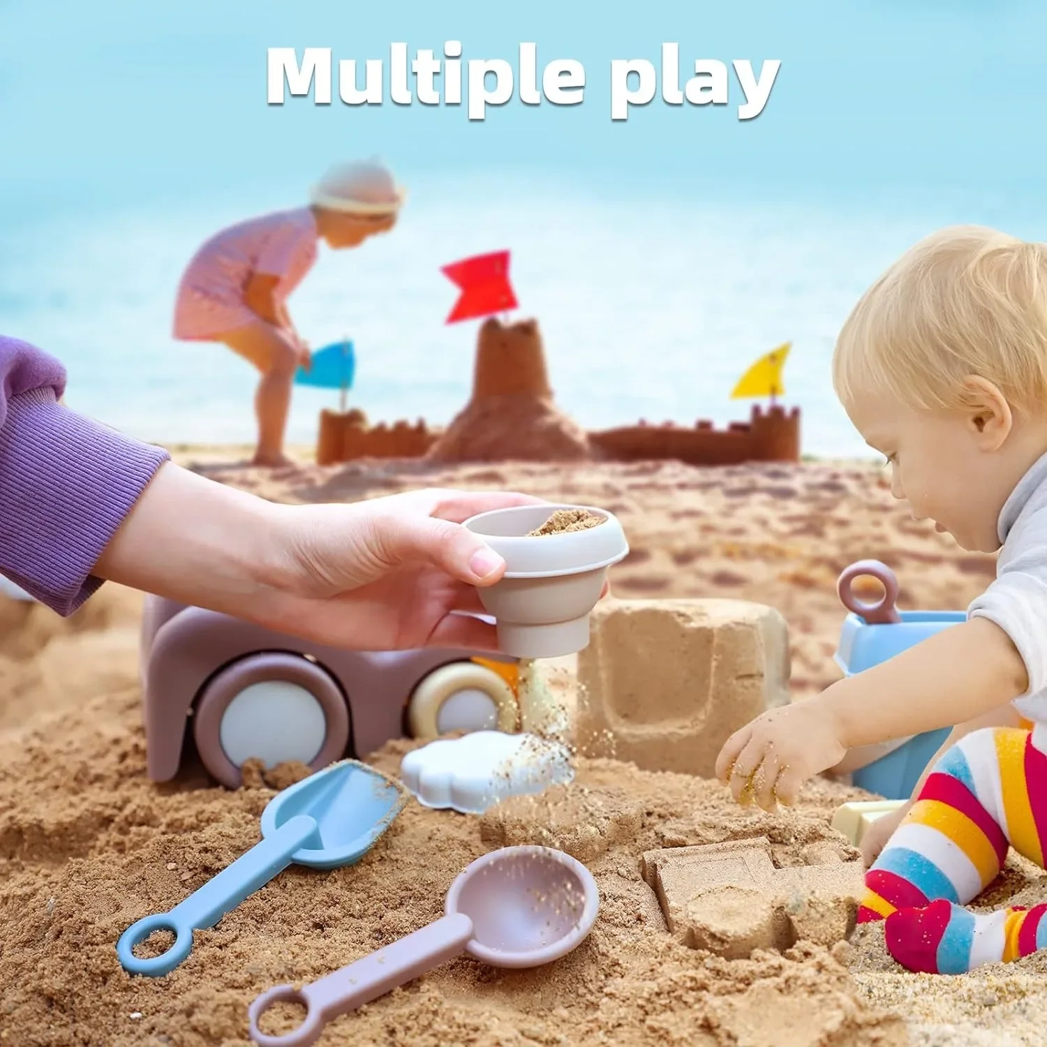 Jouets de plage pour enfants en bas âge, Train de sable, camion de plage, seau de plage, cuillère, passoire, râteau, château de sable, bac à sable