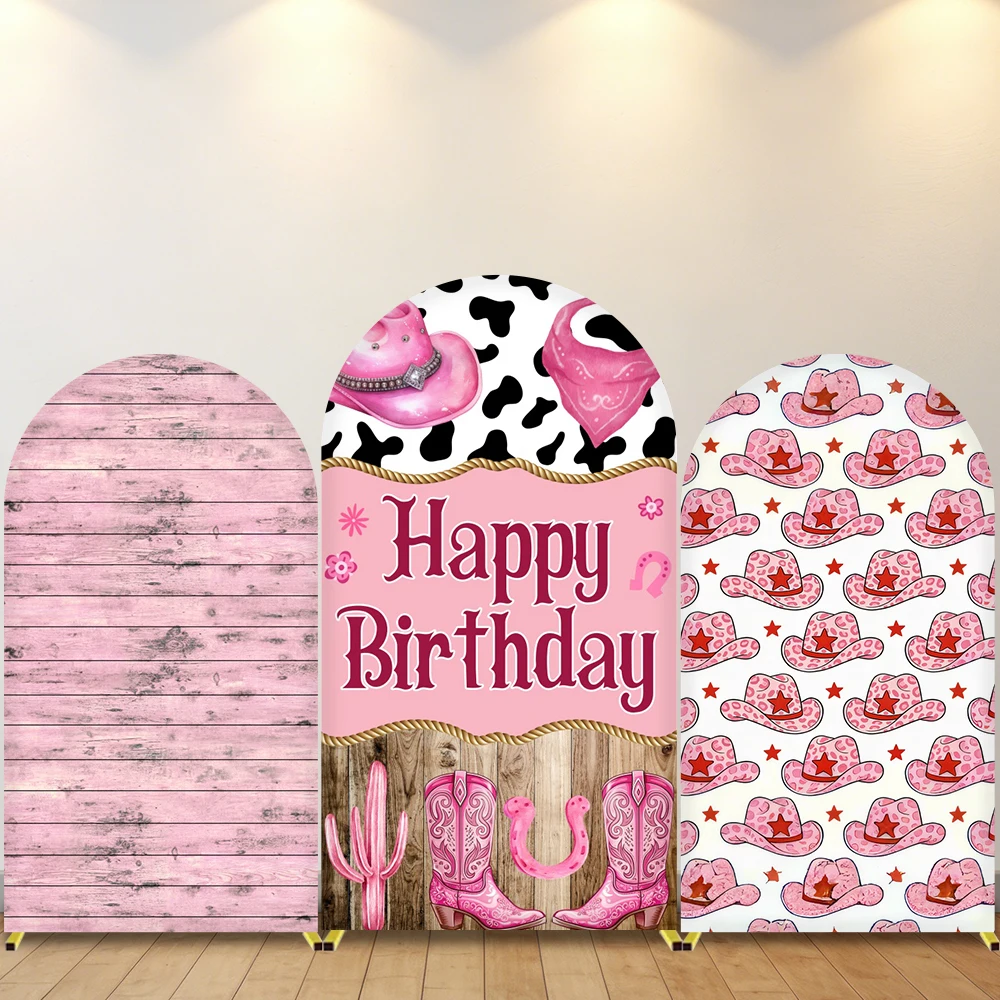 Pink Cowboy Birthday Party Arch Backdrop Wooden Board Print Farm Theme Chiara Arch Wall Baby Shower Decoration Photo Background
