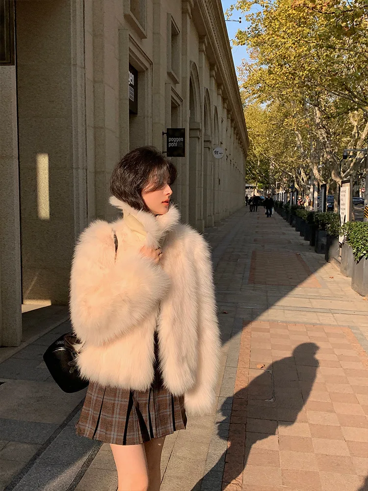Women Faux Fox Fur Coats Solid Short Jackets Long Sleeves Turn Down Collar Open Stitch Loose Elegant Casual 2026 Autumn Winter