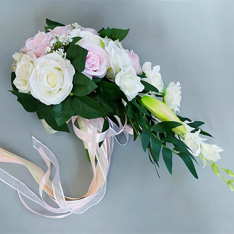 Wedding Bridal Bouquet, Bride Artificial Rose Flowers with Ribbons, Bridesmaid Fake Flower Bunch 11.8 Inch, Tossing Cascading