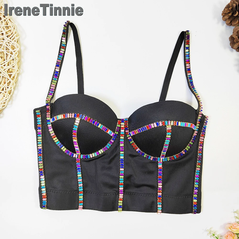 IRENE TINNIE Women Suspender Tank Top Charming Colored Rhinestone Nail Bead Corset Nightclub Fashion Crop Tops Ropa Para Mujer