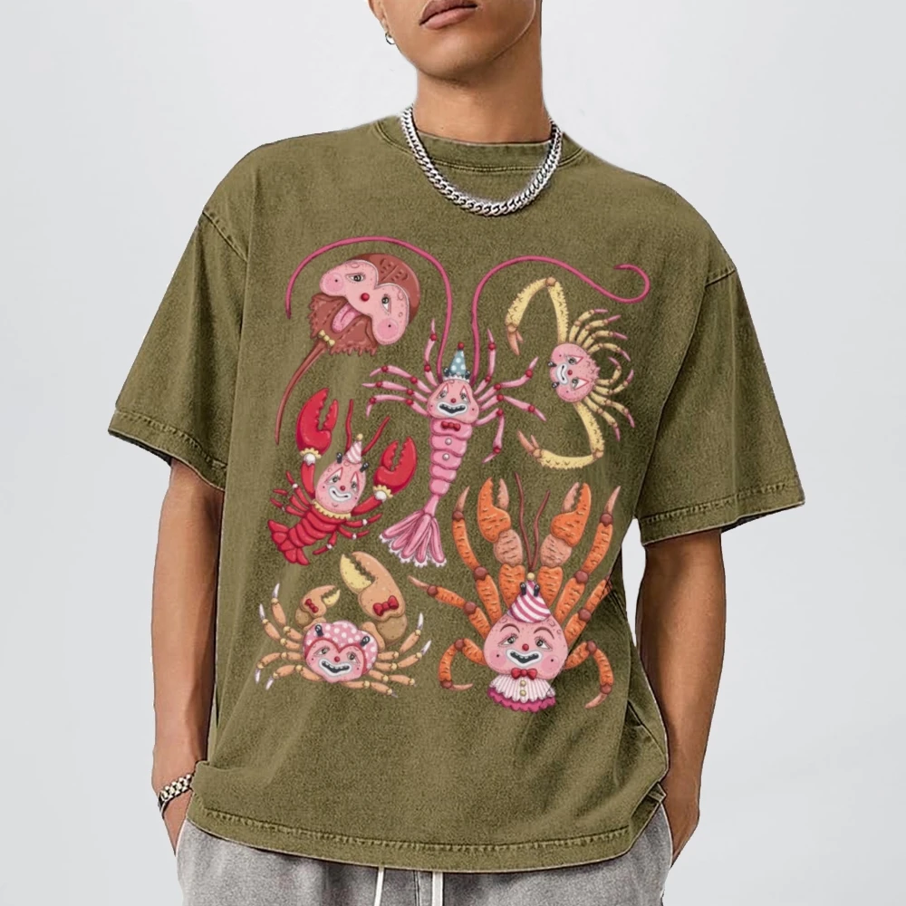Cartoon Lobster Graphict-Shirt Summer Men's Casual Cotton Top Hip-Hop Street Short-Sleeved Retro Y2k Style Women's Tee Oversize