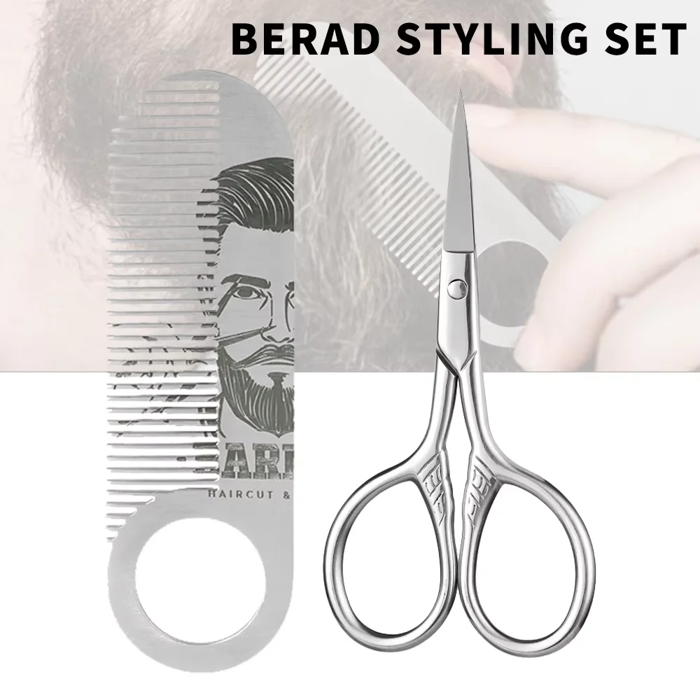1/2 pçs de aço inoxidável anel barba pente multifuncional mini tesoura barbeiro profissional bigode aparar diariamente ferramenta cuidados com a barba