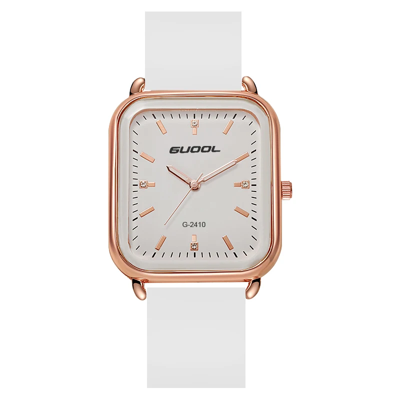 Trendy Women Square Dial Watch Rose Gold Bezel White Dial Silicone Band Crystal Decor Analog Quartz Wristwatch Waterproof Casual