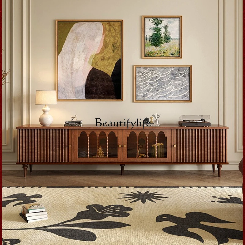 

French retro solid wood TV cabinet living room American light luxury high-end walnut mid-ancient new high cabinet