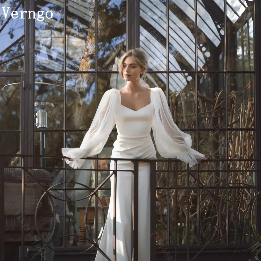 Verngo lvory Crepe Wedding Dress Sweetheart Mermaid Full Sleeves Bridal Gowns Simple Slim Bride Dresses For Women Customized